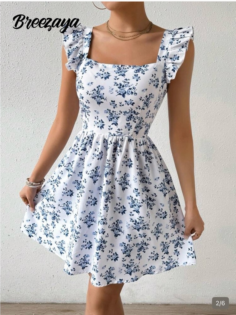 SHEIN White Dress with Blue Floral Print and Ruffled Straps